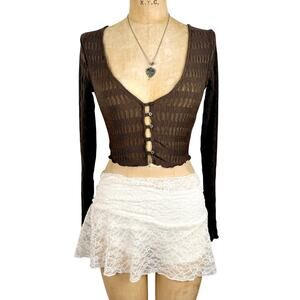 Preppy Brown Semi Sheer Cropped Cardigan XS Button Front Academia Office Siren